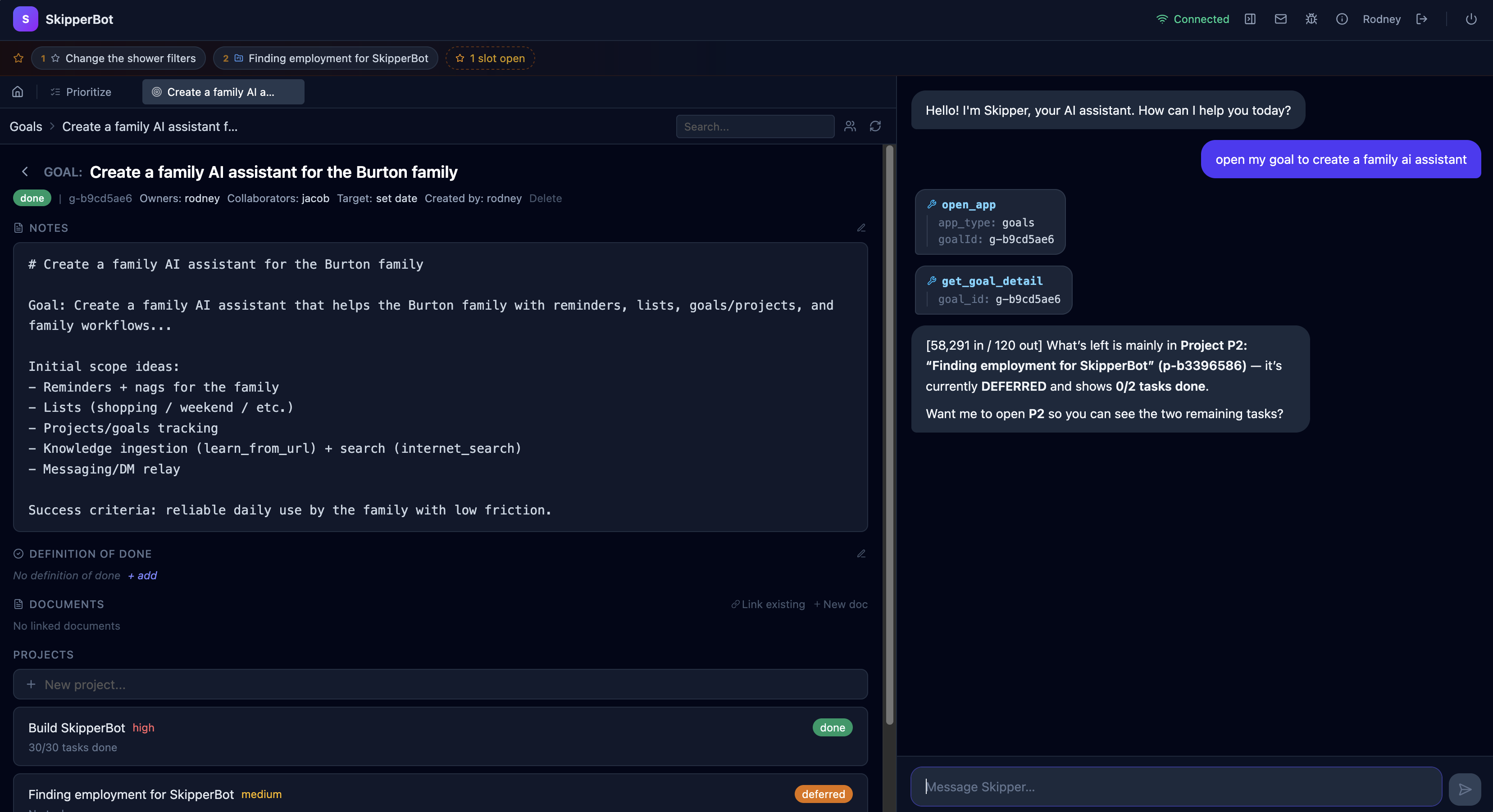 Web SPA, Goals app open, chat overlay active